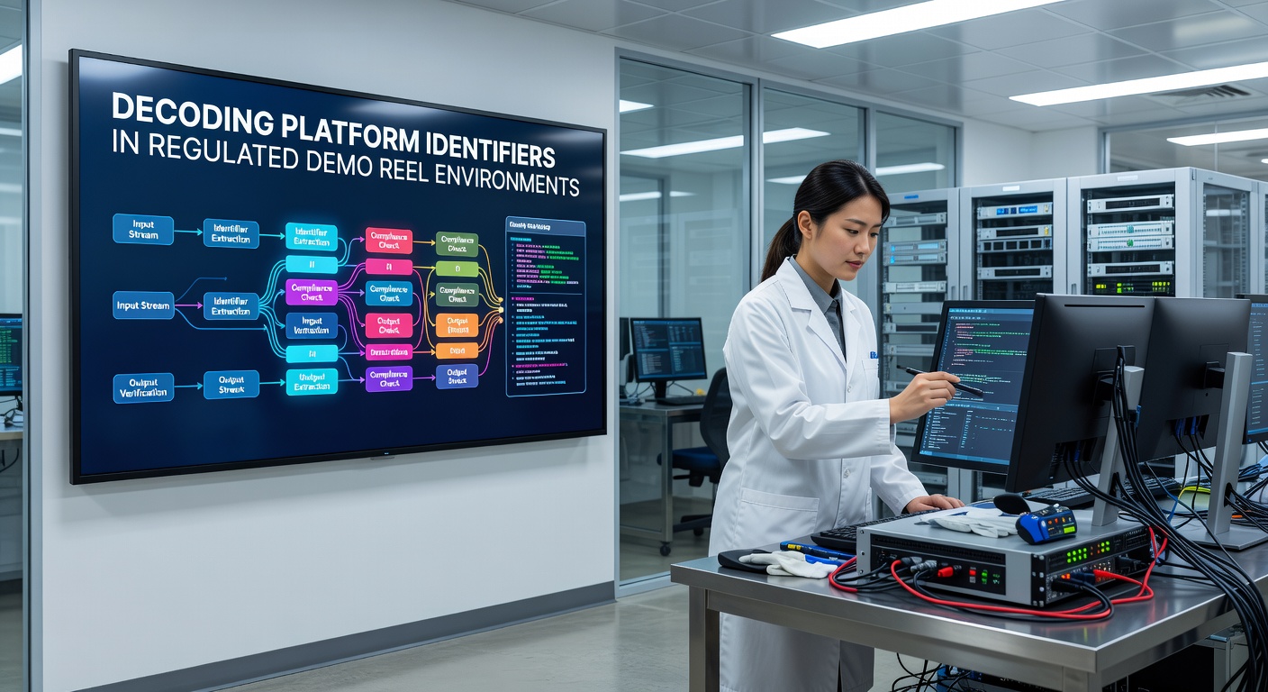 Illustration von Plattform-Identifikatoren in regulierten Demo-Reel-Umgebungen mit technischen Diagrammen und Reel-Simulationen