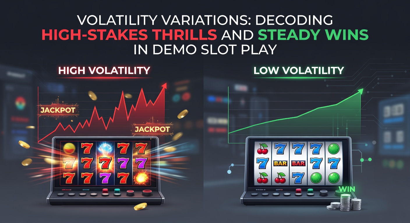 Grafik mit Slot-Maschinen, die hohe und niedrige Volatilität darstellen, inklusive Gewinnkurven und Symbolen für Thrills und Stabilität